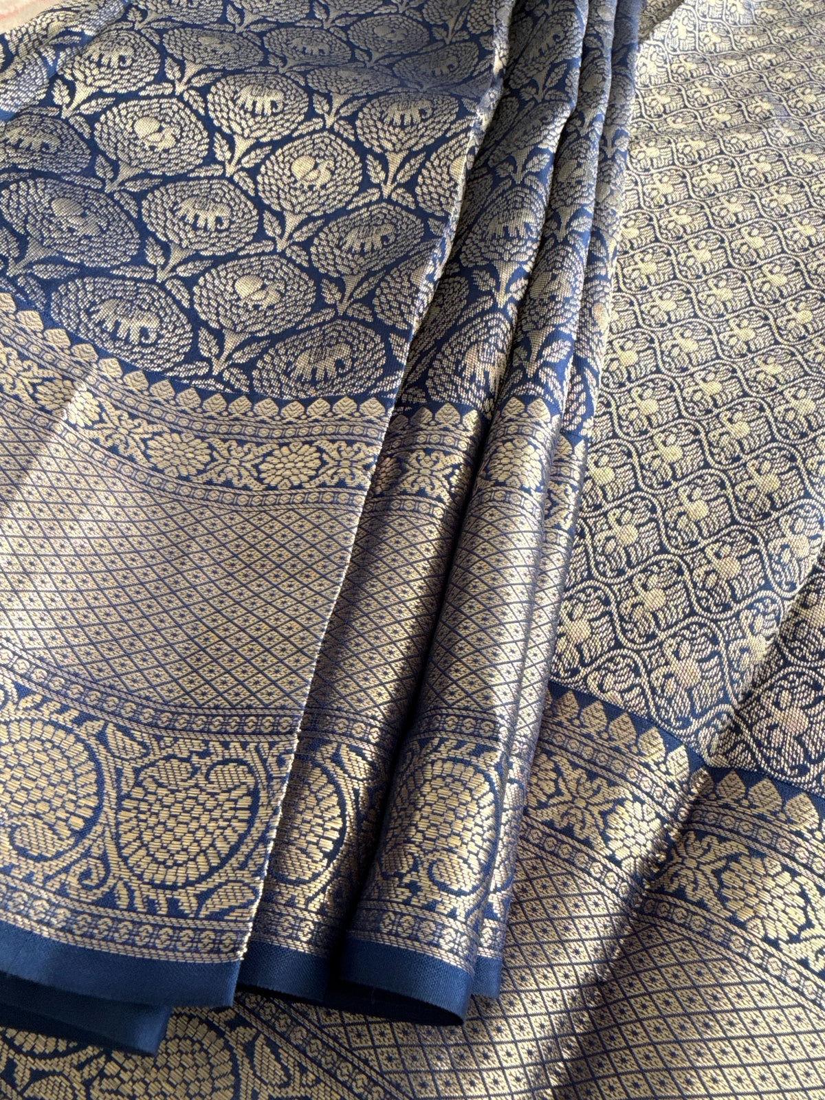 Blue Silver Elephant Peacock Saree